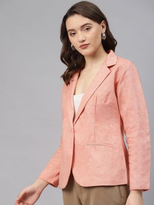 Cottinfab Women Peach-Coloured Cotton Solid Single-Breasted Casual Blazer