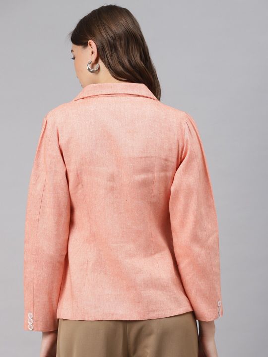 Cottinfab Women Peach-Coloured Cotton Solid Single-Breasted Casual Blazer