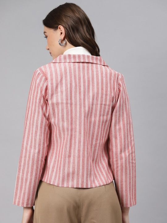 Cottinfab Women Pink & White Cotton Striped Front Open Blazer