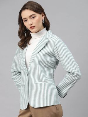 Cottinfab Women Striped Pure Cotton Formal Blazer