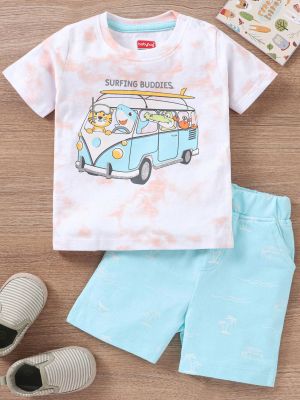 Cotton Half Sleeves T-Shirt & Shorts Set Animal & Bus Print