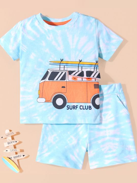Cotton Half Sleeves T-Shirt & Shorts Set Bus & Text Print