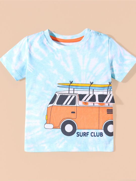 Cotton Half Sleeves T-Shirt & Shorts Set Bus & Text Print