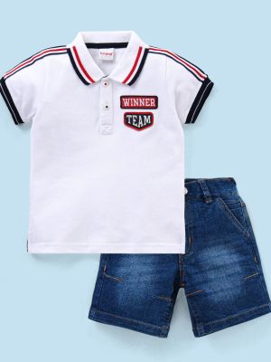 Cotton Knit Half Sleeves T-Shirt and Shorts Text Embroidery
