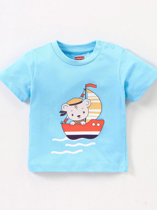 Cotton Knit Half Sleeves T-Shirt & Shorts Set Boat Print