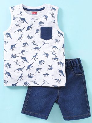 Cotton Knit Sleeveless T-Shirt & Denim Shorts Dino Print