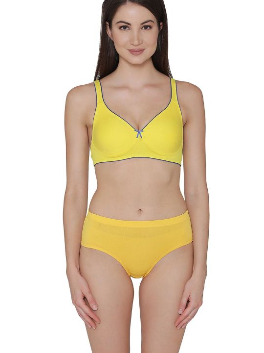 Cotton Rich Non-Padded Non-Wired T-Shirt Bra & Hipster Panty Set In Yellow