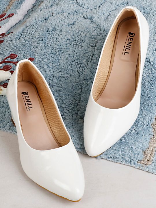 Denill White Solid Pointed Toe Block Heel Pumps