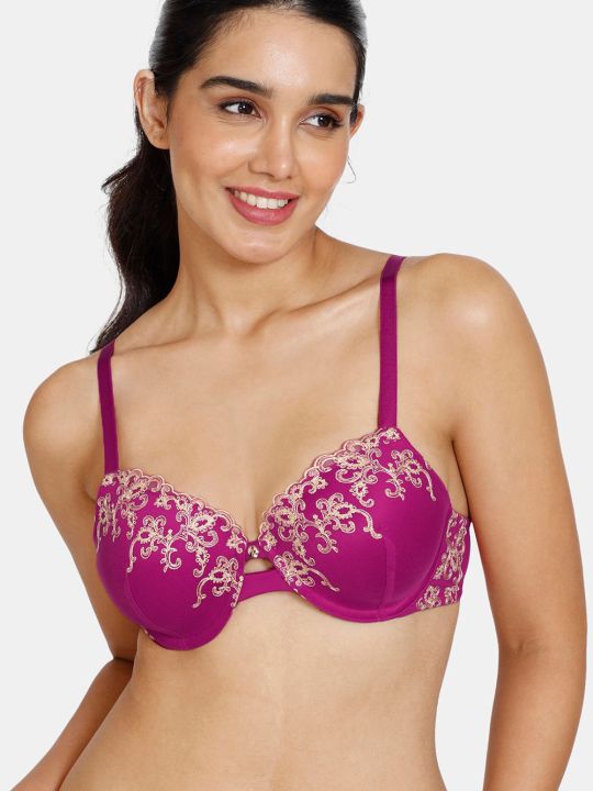 Desert Rose Padded Wired 3/4Th Coverage Lace Bra With Bikini Panty - Festival Fuchsia
