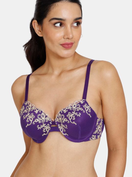 Desert Rose Padded Wired 3/4Th Coverage Lace Bra With Bikini Panty - Violet Indigo