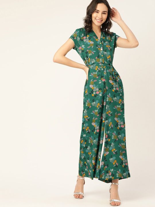DressBerry Women Green & Pink Printed Basic Jumpsuit with Belt