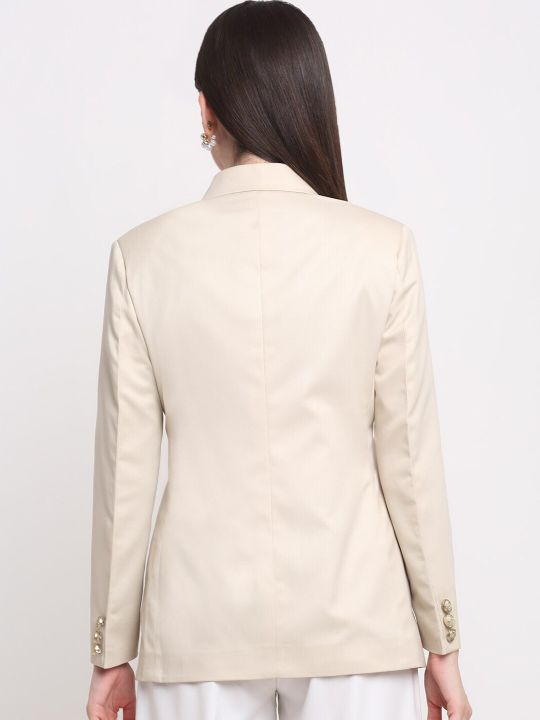Ennoble Women Beige Solid Comfort-Fit Double Breasted Party Blazer