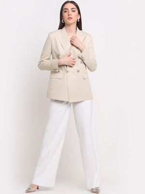 Ennoble Women Beige Solid Comfort-Fit Double Breasted Party Blazer