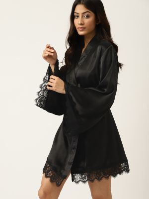 ETC Women Black Solid Satin Robe With Lace Detail