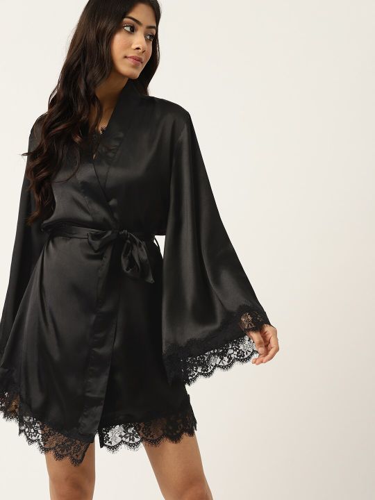 ETC Women Black Solid Satin Robe With Lace Detail