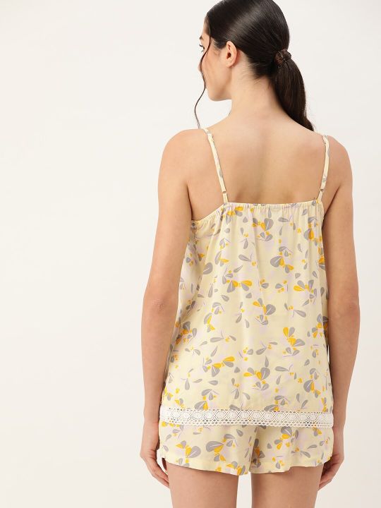 ETC Women Cream-Coloured & Yellow Floral Print Shorts Set