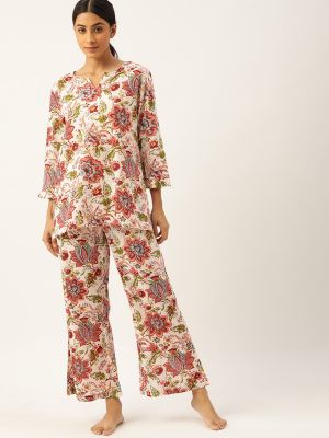 ETC Women Off White & Red Pure Cotton Jaipuri Print Pyjama Set