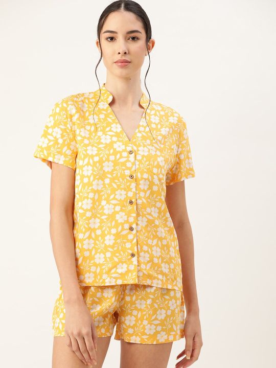 ETC Women Yellow & White Floral Print Shorts Set