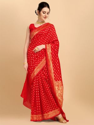 Ethnic Junction Red Woven Design Embellished Zari Silk Blend Banarasi Saree