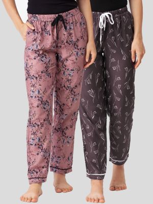 FashionRack Women Brown & Pink Printed Cotton Lounge Pants