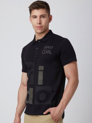 FIDO DIDO Men Black Printed Polo Collar Slim Fit T-shirt
