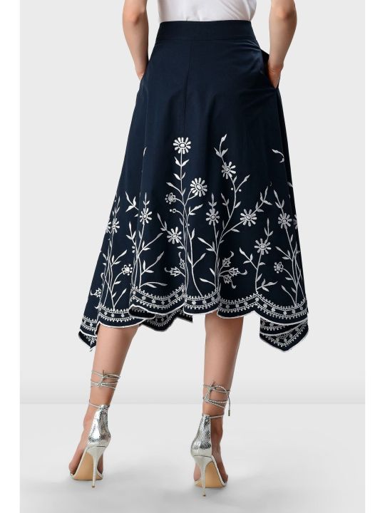 Floral Scallop High-Low Cotton Poplin Skirt (Zapelle)
