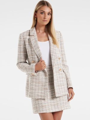 Forever New Women White Checked Double Breasted Formal Blazer
