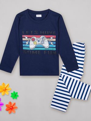 Full Sleeves Remote Control Printed Tee With Striped Pajama Set