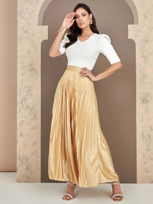 Gold High Rise Pleated Satin Maxi Skirt (Styli)
