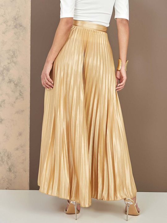 Gold High Rise Pleated Satin Maxi Skirt (Styli)