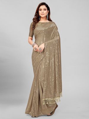 Granthva Fab Beige & Silver-Toned Embellished Sequinned Pure Georgette Saree