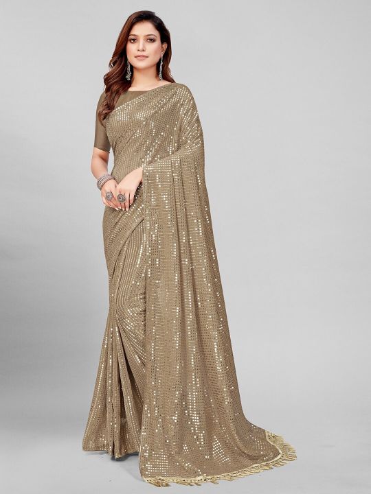 Granthva Fab Beige & Silver-Toned Embellished Sequinned Pure Georgette Saree