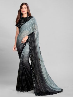 Granthva Fab Grey & Black Embellished Sequinned Silk Blend Saree