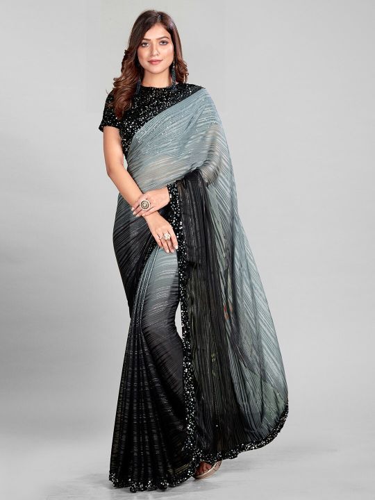 Granthva Fab Grey & Black Embellished Sequinned Silk Blend Saree