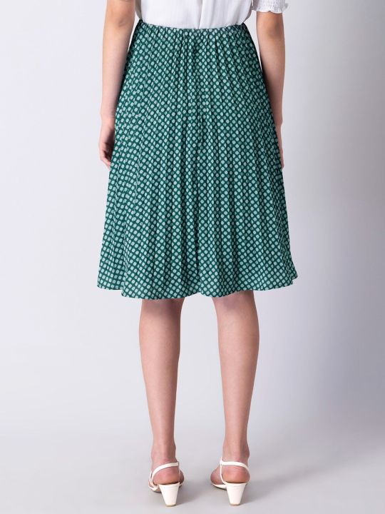Green Pleated Satin Abstract Midi Skirt (Faballey)