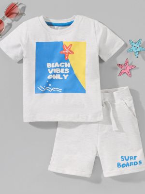 Half Sleeves Cotton Knit T-Shirt and Shorts Summer Theme Print