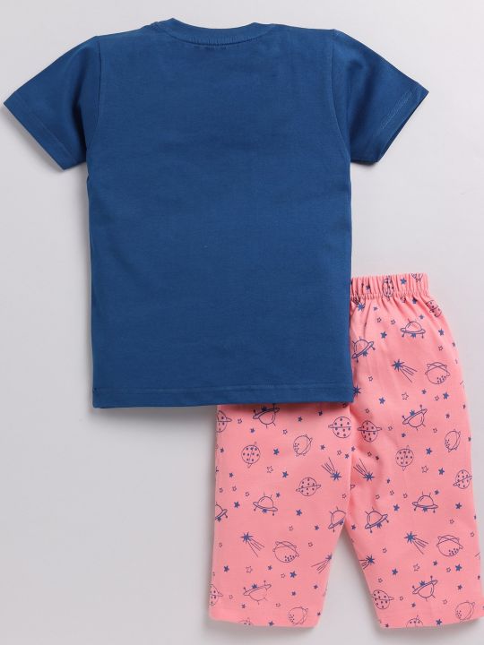 Half Sleeves Game Face On Printed Tee With Space Elements Printed Shorts