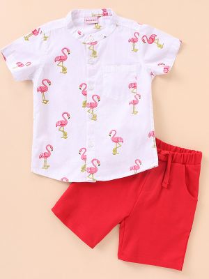 Half Sleeves Shirt and Denim Shorts Set Flamingo Print