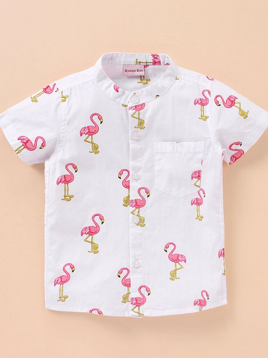 Half Sleeves Shirt and Denim Shorts Set Flamingo Print