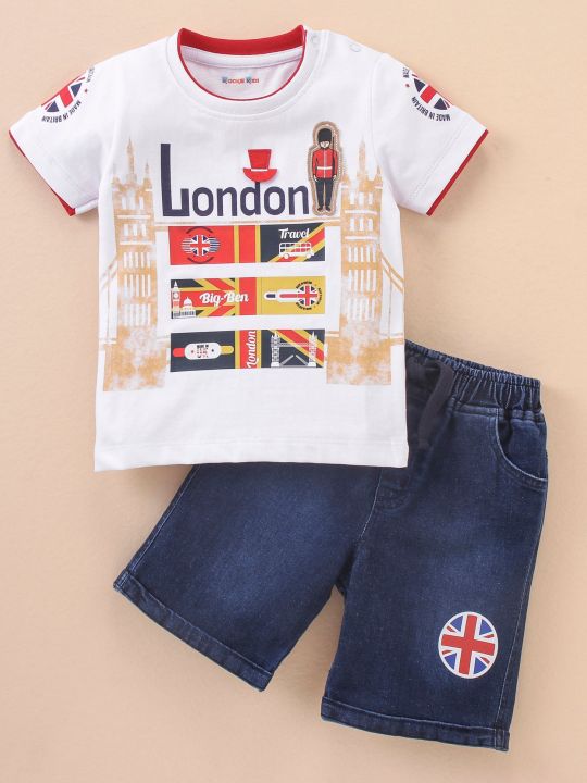 Half Sleeves T-Shirt and Denim Shorts Set with Graphics & Kingsguard Applique