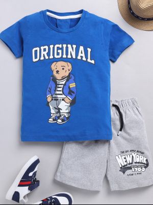 Half Sleeves Teddy In Jeans With Hood Printed Tee With New York Printed Shorts