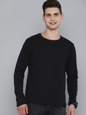 HERE&NOW Men Black Solid Printed Sleeve Pure Cotton T-shirt