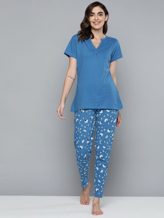 HERE&NOW Women Blue & White Cotton Night suit