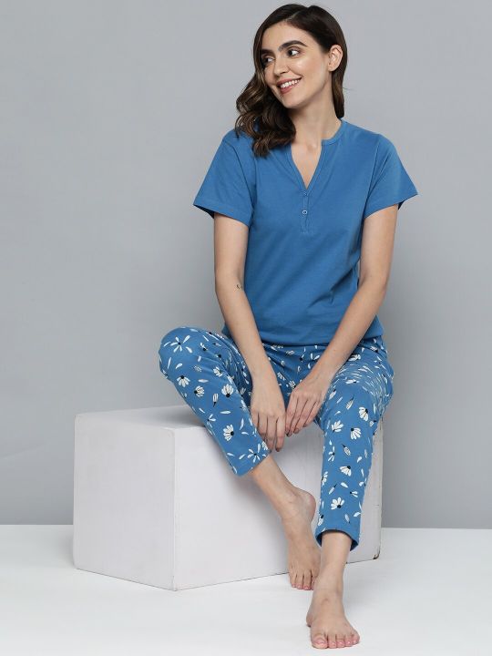 HERE&NOW Women Blue & White Cotton Night suit