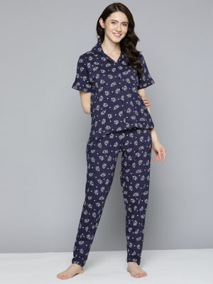 HERE&NOW Women Navy Blue & White Printed Pure Cotton Night suit