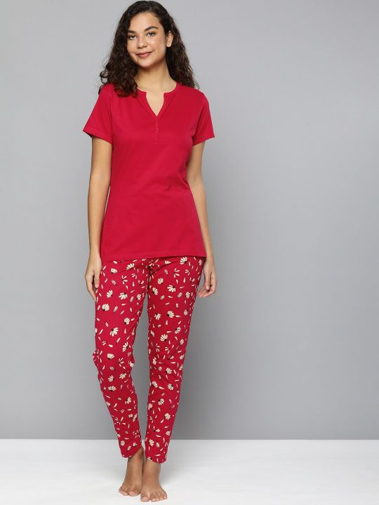 HERE&NOW Women Red Floral Cotton Pure Cotton Night suit