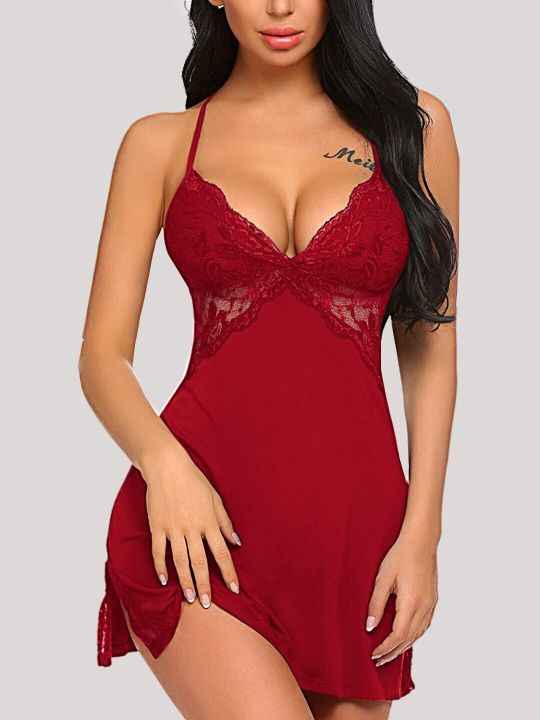Herryqeal Maroon Self Design Lace Baby Doll
