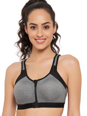 High Impact Lightly Padded Spacer Cup Active Sports Bra in Light Grey with Front Zipper