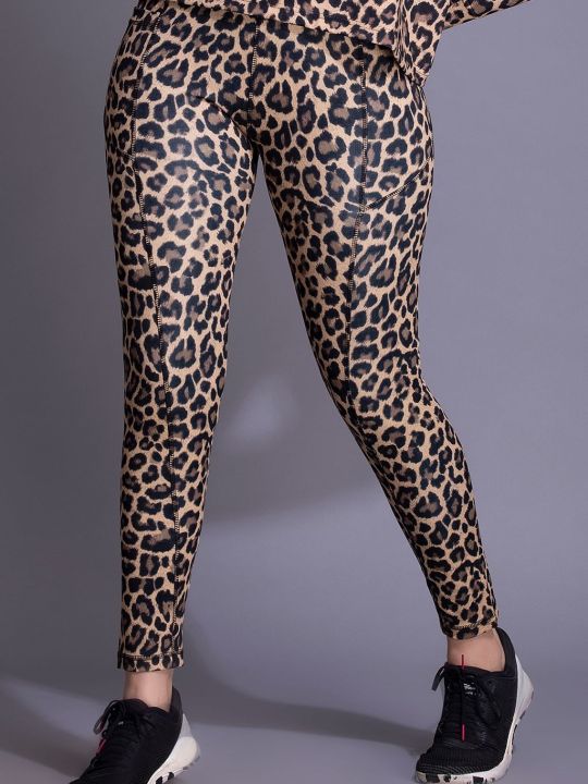 High-Rise Animal Print Active Tights in Brown with Side Pocket