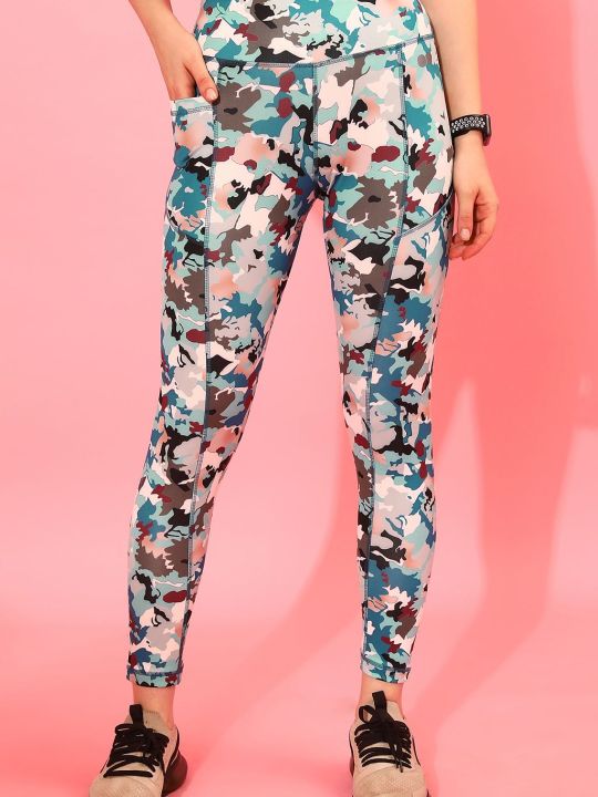 High Rise Camouflage Print Active Tights in Blue with Side Pocket